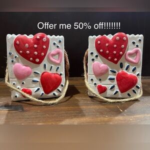 (2) Ceramic Red & Pink Heart Lunch Bag Style Vases for Valentine’s Day